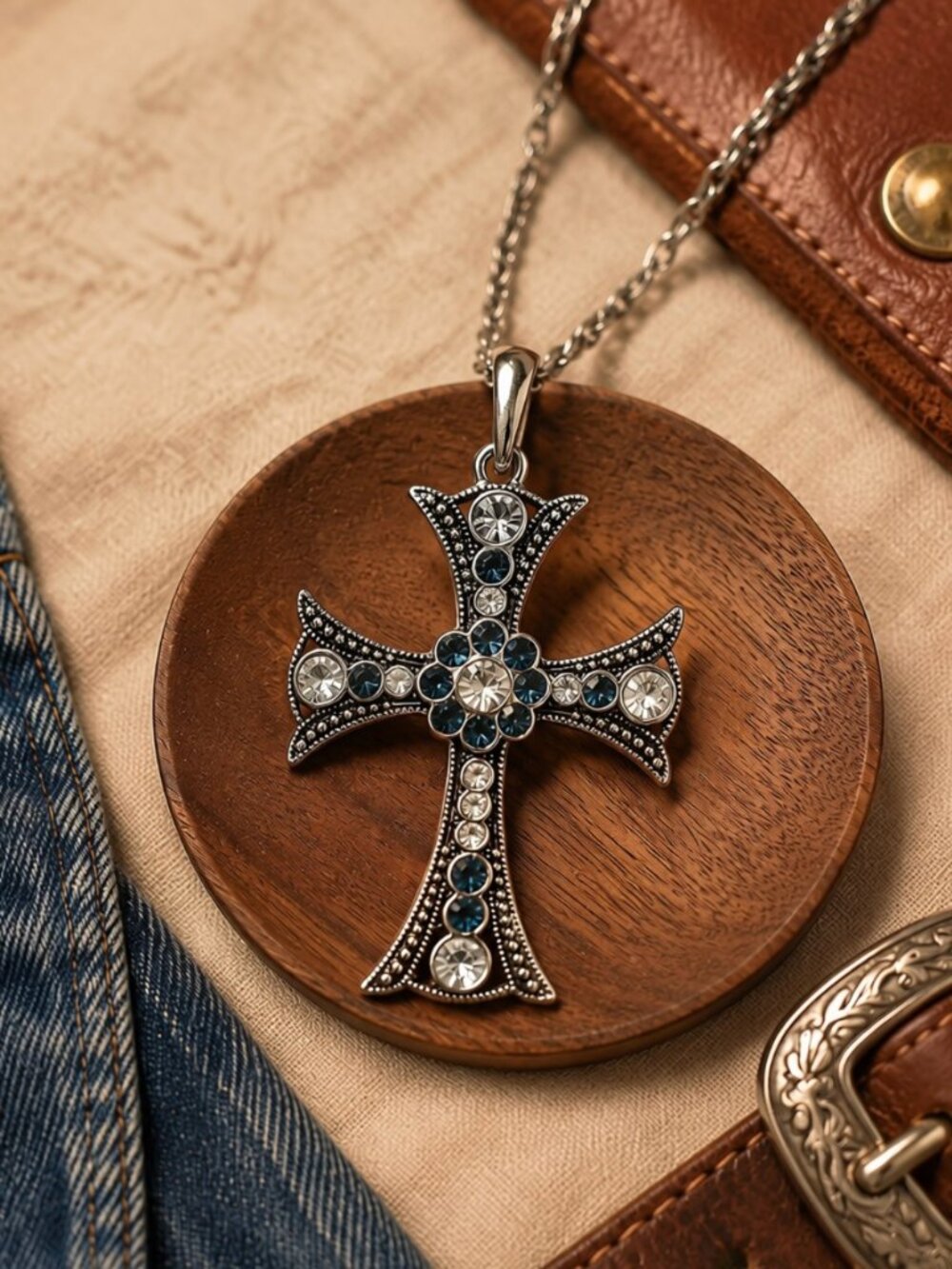 Vintage Inspired Blue Clear Crystal Silver Tone Cross Pendant